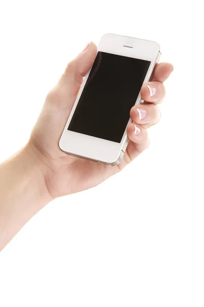 Vrouwelijke hand houden smart phone geïsoleerd tegen witte backgroun — Stockfoto