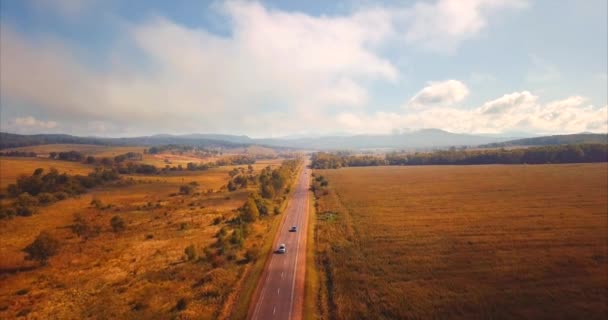 地平線で車、野原や丘の高速道路の上飛ぶ。ロシア — ストック動画