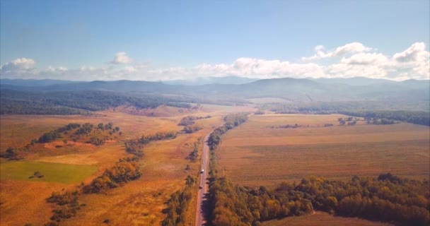地平線上に車、野原や丘の高速道路の空撮を降順します。ロシア — ストック動画