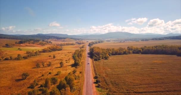 地平線で車、野原や丘の高速道路の上飛ぶ。ロシア — ストック動画