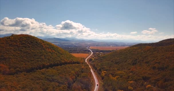 Volare sopra la strada correndo tra boschi, colline e montagne. Russia. Aerea — Video Stock