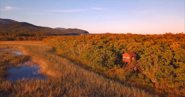 Luchtfoto van birdman huis in de buurt van lake op de Sichote-Alin natuur Reserve.Russia — Stockvideo