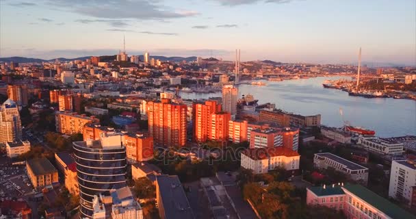 Luchtfoto van het centrum van de stad Vladivostok. De Gouden Hoorn baai is op de achtergrond — Stockvideo