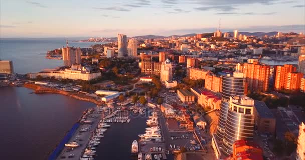 Luchtfoto van het centrum van de stad Vladivostok. De Gouden Hoorn baai is op de achtergrond — Stockvideo