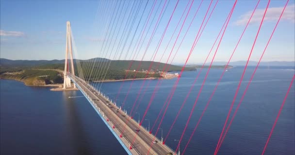 Aerial view of Russian Bridge road with driving cars.Vladivostok, Russia — Stock Video