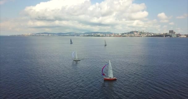空中观的游艇参加彼得伟大的海湾杯帆船赛。俄罗斯 — 图库视频影像