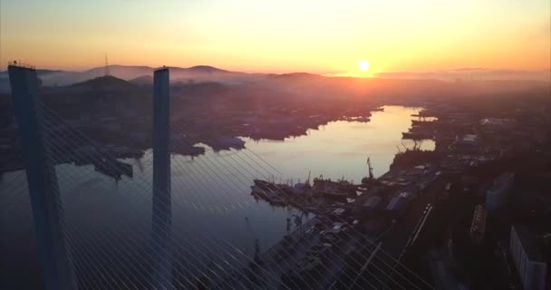 Εναέρια άποψη της χρυσής γέφυρας στον Κεράτιο κόλπο. Βλαδιβοστόκ, Ρωσία — Αρχείο Βίντεο