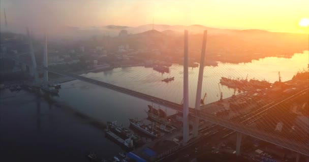 Luchtfoto van de Golden Bridge over de Gouden Hoorn-baai. Vladivostok, Rusland — Stockvideo