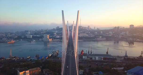 Vista aérea estática da Ponte Dourada, os carros atravessam-na. Vladivostok, Rússia — Vídeo de Stock