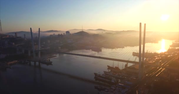 Luchtfoto van de Golden Bridge over de Gouden Hoorn-baai. Vladivostok, Rusland — Stockvideo