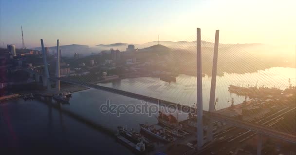 Vista aérea del Puente Dorado a través de la bahía Golden Horn. Vladivostok, Rusia — Vídeo de stock
