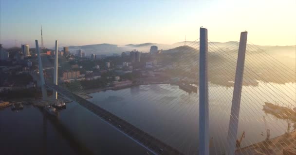Flygfoto över gyllene bron över viken Gyllene hornet. Vladivostok, Ryssland — Stockvideo
