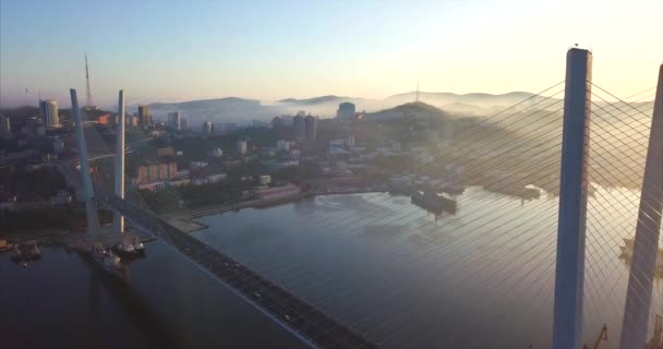 Luchtfoto van de Golden Bridge over de Gouden Hoorn-baai. Vladivostok, Rusland — Stockvideo