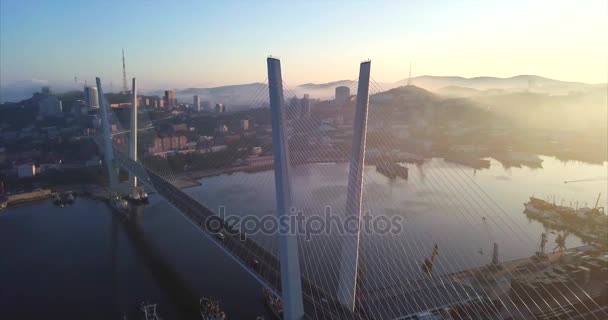 Widok z lotu ptaka z Golden Bridge na zatokę Złoty Róg. Vladivostok, Federacja Rosyjska — Wideo stockowe
