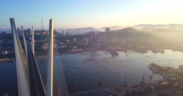 Widok z lotu ptaka z Golden Bridge na zatokę Złoty Róg. Vladivostok, Federacja Rosyjska — Wideo stockowe
