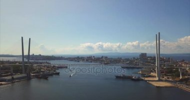 Havadan görünümü Golden Köprüsü ve Zolotoy Rog limanın. Vladivostok, Rusya Federasyonu