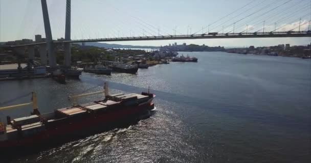 Вид с воздуха на контейнерный корабль, плывущий под Золотым мостом. Владивосток, Россия — стоковое видео