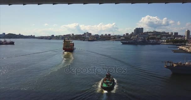 Flying backwards under Golden Bridge, aerial view of container ship. Vladivostok — Stock Video