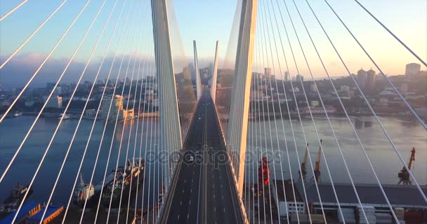 Der Aufstieg über der Straße zwischen den Stützseilen der goldenen Brücke. Antenne. Russland — Stockvideo