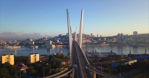 Aerial view of Golden Bridge and junction with driving cars. Vladivostok, Russia — Stock Video