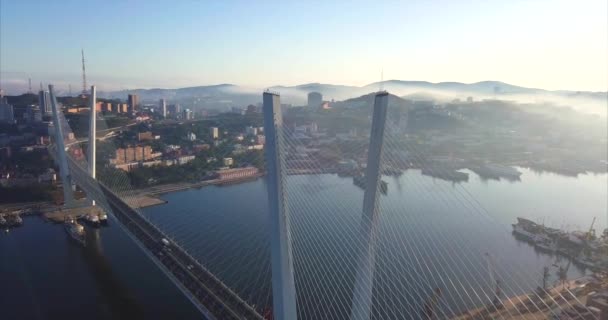 Viewof lotnicze panoramiczne Golden Bridge. Vladivostok city, Federacja Rosyjska — Wideo stockowe