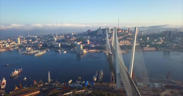 Vista aérea del Puente Dorado y el puerto de Zolotoy Rog. Vladivostok, Rusia — Vídeos de Stock