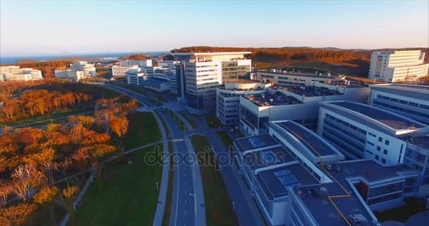 Vista aérea del campus de la Universidad Federal del Extremo Oriente. Mar japonés — Vídeos de Stock