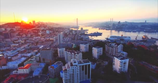 Aerial view of Vladivostok city center, Golden Horn harbour. Sunrise. Russia — Stock Video