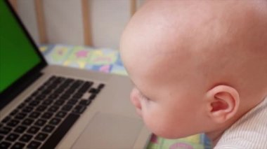 6 aylık bebek yatağının içinde laptop ile oynarken yavaş portresi