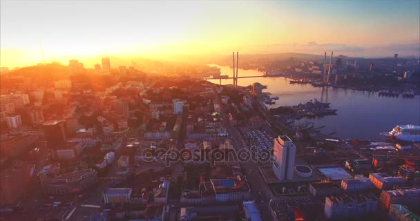 Flygfoto över Vladivostok centrum, Gyllene hornet harbour. Soluppgång. Ryssland — Stockvideo
