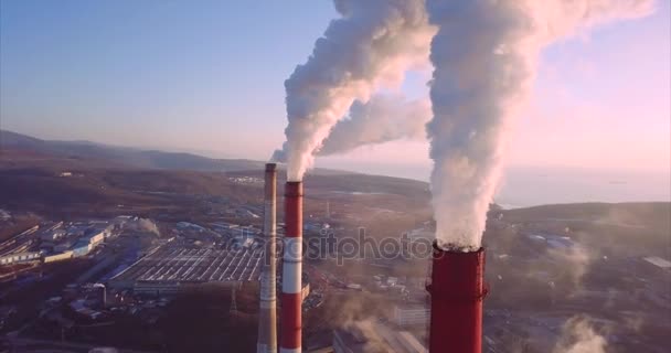 Aerial view of Central Heating and Power Plant chimneys with steam. Sunrise — Stock Video
