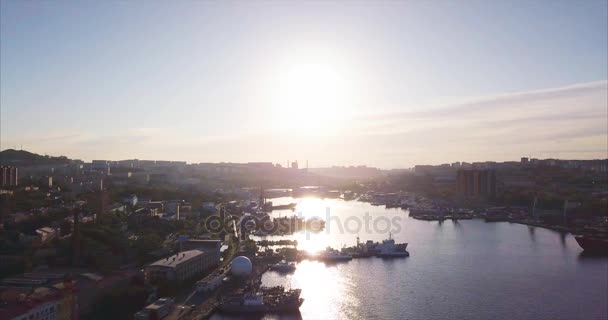 Flying Golden Horn Harbour Sheltered Horn Shaped Bay Sea Japan — Stock Video