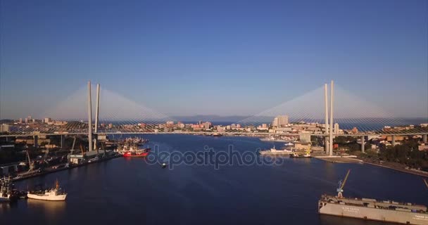 Uitzicht Vanuit Lucht Zolotoy Brug Een Kabelbrug Zolotoy Rog Baai — Stockvideo