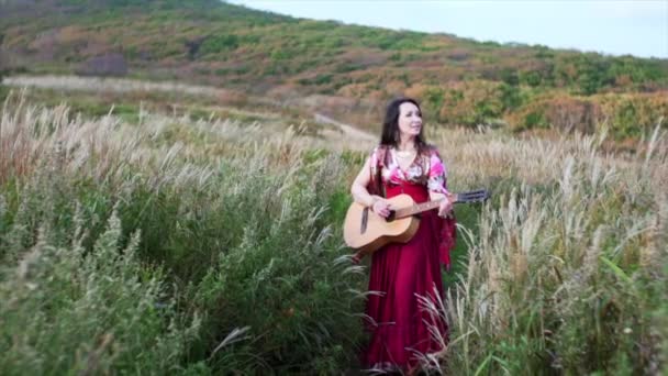 Uzun Elbiseli Güzel Çingene Kadın Gitar Çalıyor Otların Arasında Şarkı — Stok video