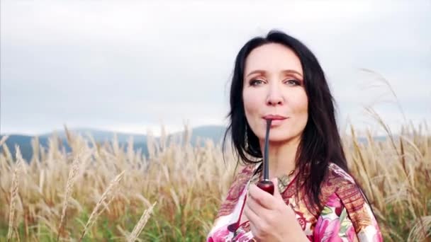 Attractive Gipsy Woman Colorful Dress Smoking Pipe Field High Grass — Stock Video