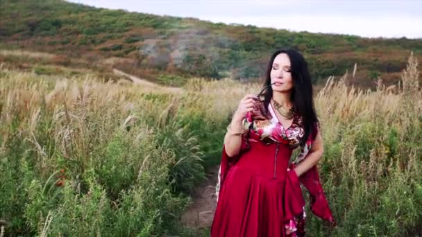 Wanita Gipsy Menarik Dalam Warna Warni Gaun Pipa Merokok Lapangan — Stok Video