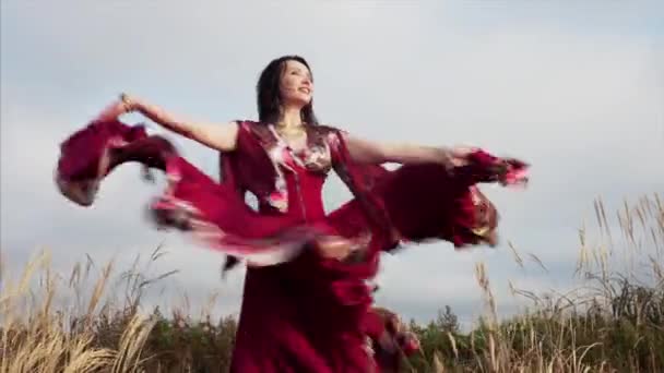 在蓝天的背景下 看到穿着漂亮衣服 面带微笑地在田野里跳舞的轻浮女子 — 图库视频影像