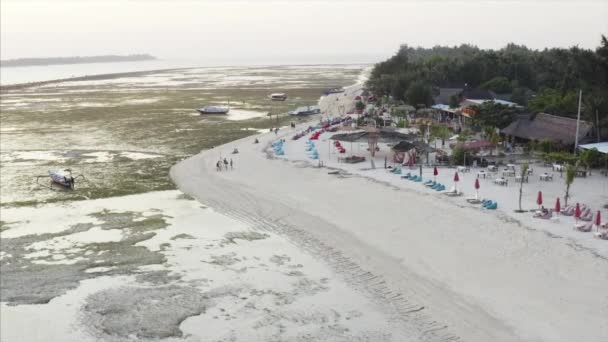 印度尼西亚吉里岛的沙滩海岸线 有旅游胜地 在低潮和绿色丛林中靠近海洋的绿色丛林 — 图库视频影像