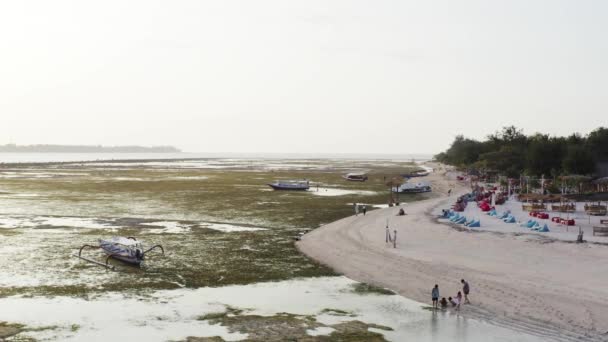 印度尼西亚吉里岛的沙滩海岸线 有旅游胜地 在低潮和绿色丛林中靠近海洋的绿色丛林 — 图库视频影像