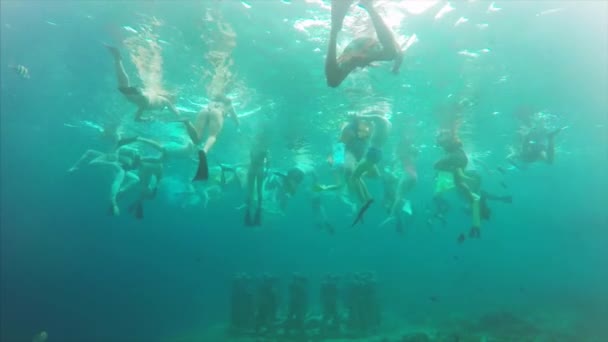 Underwater View Tourists Snorkeling Exploring Statues Men Women Ocean Floor — 비디오