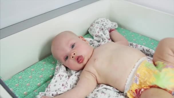 Sweet Baby Boy Laying Changing Table Swimming Panties — Stock Video