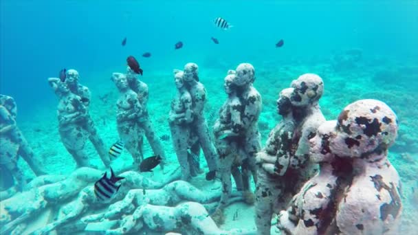 Vista Subacquea Statue Uomini Donne Sul Fondo Dell Oceano Ricoperte — Video Stock