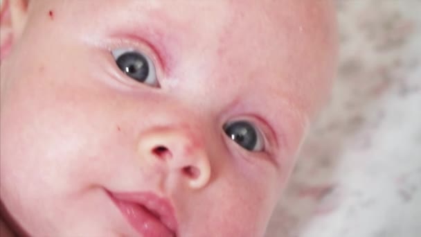 Close View Portrait Cute Two Months Old Baby Boy Lying — Stock Video