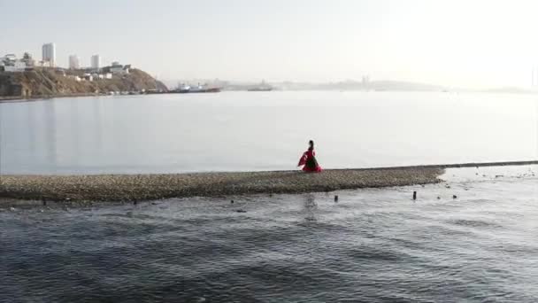 Aerial View Attractive Gipsy Woman Dancing Passion Sandbar Sea Vladivostok — Stock Video