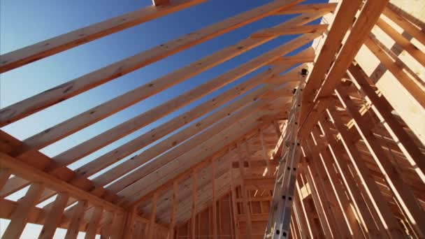 Unfinished Frame House Interior Wooden Beams Roof Walls Blue Sky — Stock Video