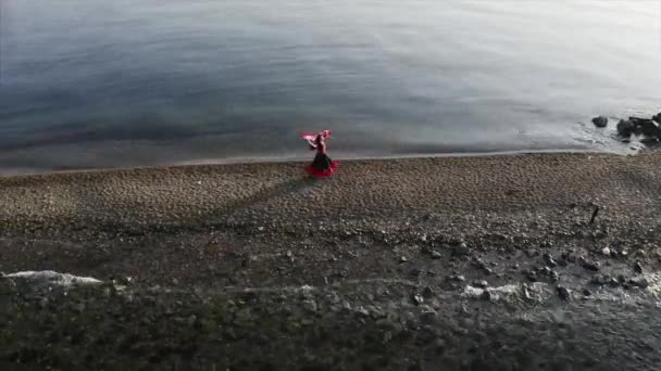 Aerial View Attractive Gipsy Woman Dancing Passion Sandbar Sea Vladivostok — Stock Video