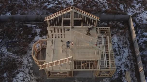 Top Aerial View Builders Lifting Attic Frame Place Concept Frame — Stock Video