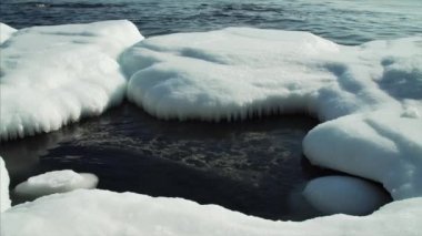 Parlak bahar güneşi altında beyaz buzla kaplı kıyı ve suda yüzen buz parçaları.