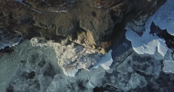 Aerial Top View Sea Surface Snowy Ice Floes Moving Sea — Stock Video