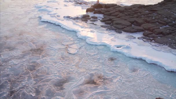 在冰雪覆盖的海岸附近 海水在冰面下缓慢运动的景象 — 图库视频影像